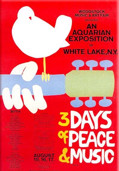 The iconic Woodstock 1969 Music & Art Fair festival poster designed by Arnold Skolnick — white dove on guitar neck